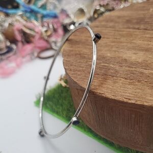 Silver-Tone Thin Bangle Bracelet with Black Blue Accent Crystal B3432